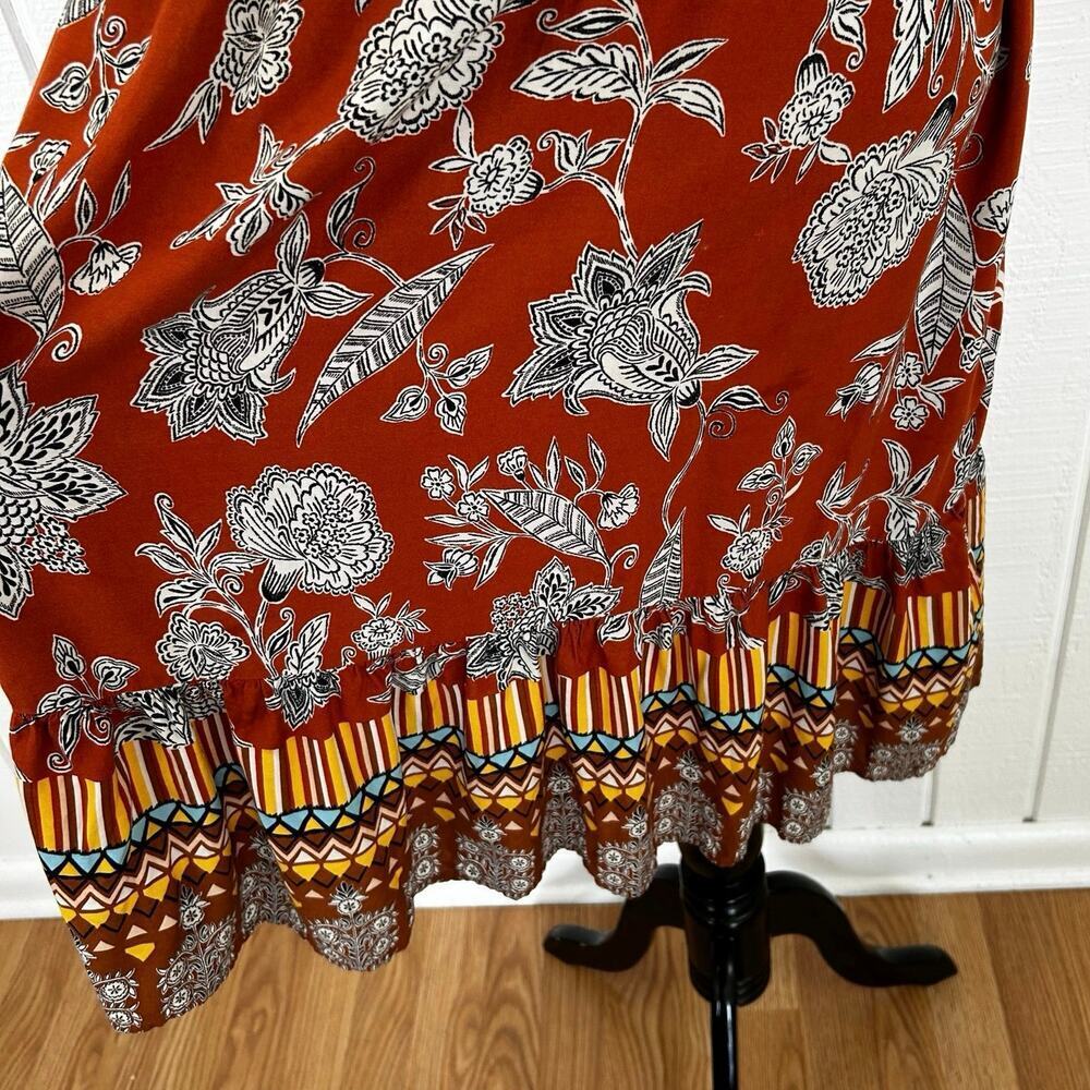 BeachLunchLounge Brown Floral Midi Dress Boho Ruffle Hem Sleeveless Large - Picture 3 of 9